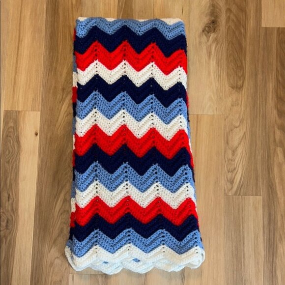 Chevron Knit Blanket in Red, Blue, and White - Picture 1 of 2